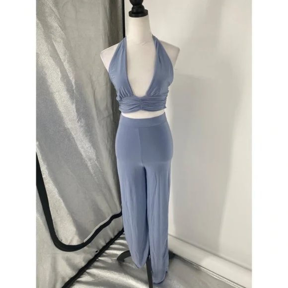 Blue Sleeveless Halter Neck Crop Top and High Waist Wide Leg Pants Two Piece Set - Picture 9 of 16